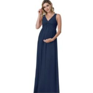 Angel Maternity S Sleeveless Cross Over Front Navy Blue Tie Back Maxi Dress